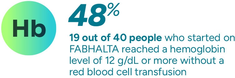 Transfusion avoidance: 48% of the 40 adults who started on FABHALTA gained 2 or more hemoglobin g/dL without a red blood cell transfusion*
